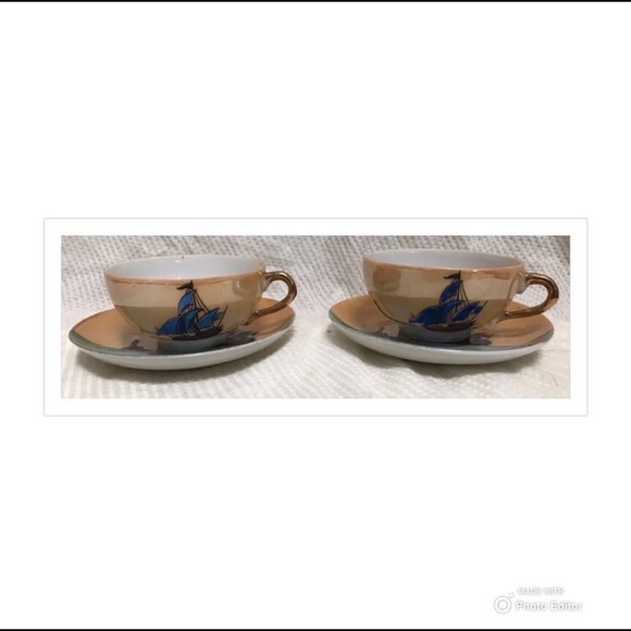 JAPAN TEACUP TEA CUP SAUCER PORCELAIN SET BOATS MOTHER OF PEARL PAINTED VINTAGE - Picture 2 of 10